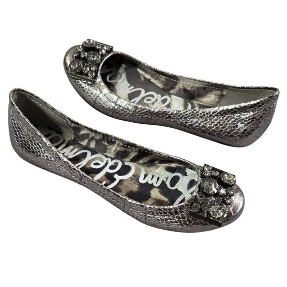 Sam Edelman Caper Metallic Pewter Snake Pattern Ballet Flats Beaded Bedazzled - Picture 1 of 10